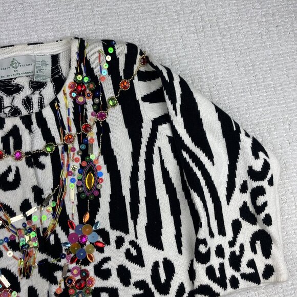 Design Options By Philip & Jane Gordon Zebra Print Jewel Sweater Cardigan Size M - Picture 4 of 16